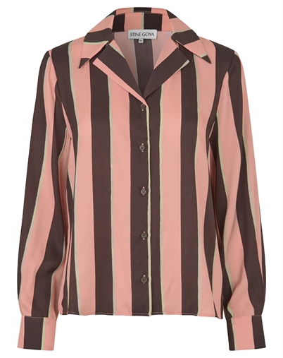 Stine Goya - Wide Point Collar Skjorte - Rosewood Mint Stripes 
